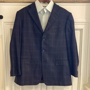 Zegna “Roma” Grey Navy Tonal Plaid Cashmere Silk Blazer Jacket Sz 52R /US 41-42R